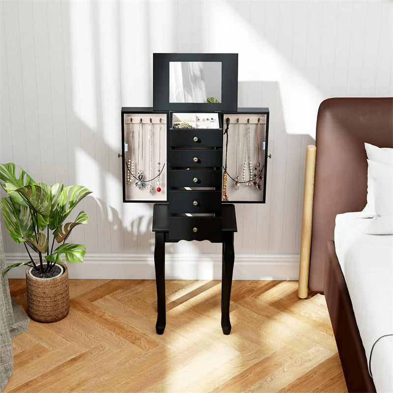 Standing Jewelry Armoire Cabinet with Flip Top Mirror, 4 Drawers, 8 Necklace Hooks & 2 Side Doors, Jewelry Storage Organizer Chest for Bedroom