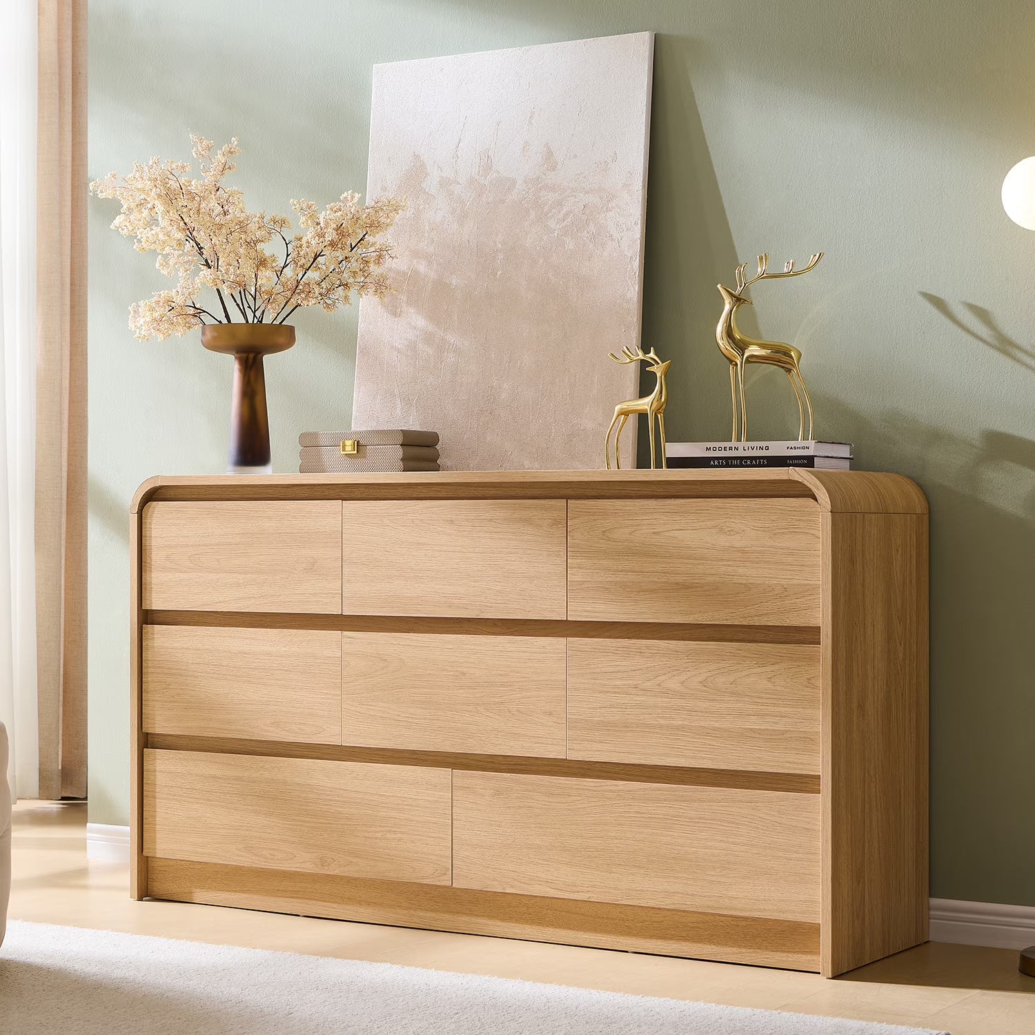 Wow97e Modern 8 Drawers Dresser for Bedroom, 55" Wide Wood Chest of Drawers W/Curved Profile Design, for Bedroom, Living Room, Natural Oak