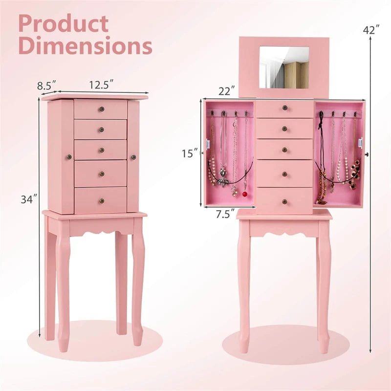 Standing Jewelry Armoire Cabinet with Flip Top Mirror, 4 Drawers, 8 Necklace Hooks & 2 Side Doors, Jewelry Storage Organizer Chest for Bedroom