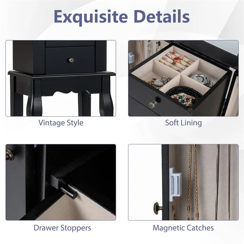 Standing Jewelry Armoire Cabinet with Flip Top Mirror, 4 Drawers, 8 Necklace Hooks & 2 Side Doors, Jewelry Storage Organizer Chest for Bedroom