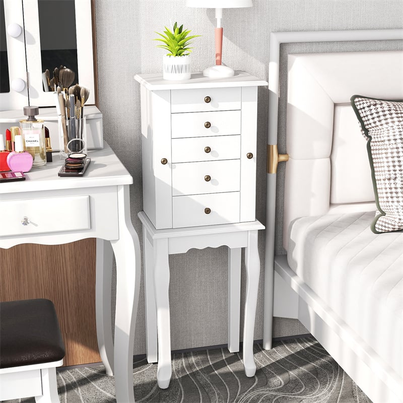 Standing Jewelry Armoire Cabinet with Flip Top Mirror, 4 Drawers, 8 Necklace Hooks & 2 Side Doors, Jewelry Storage Organizer Chest for Bedroom