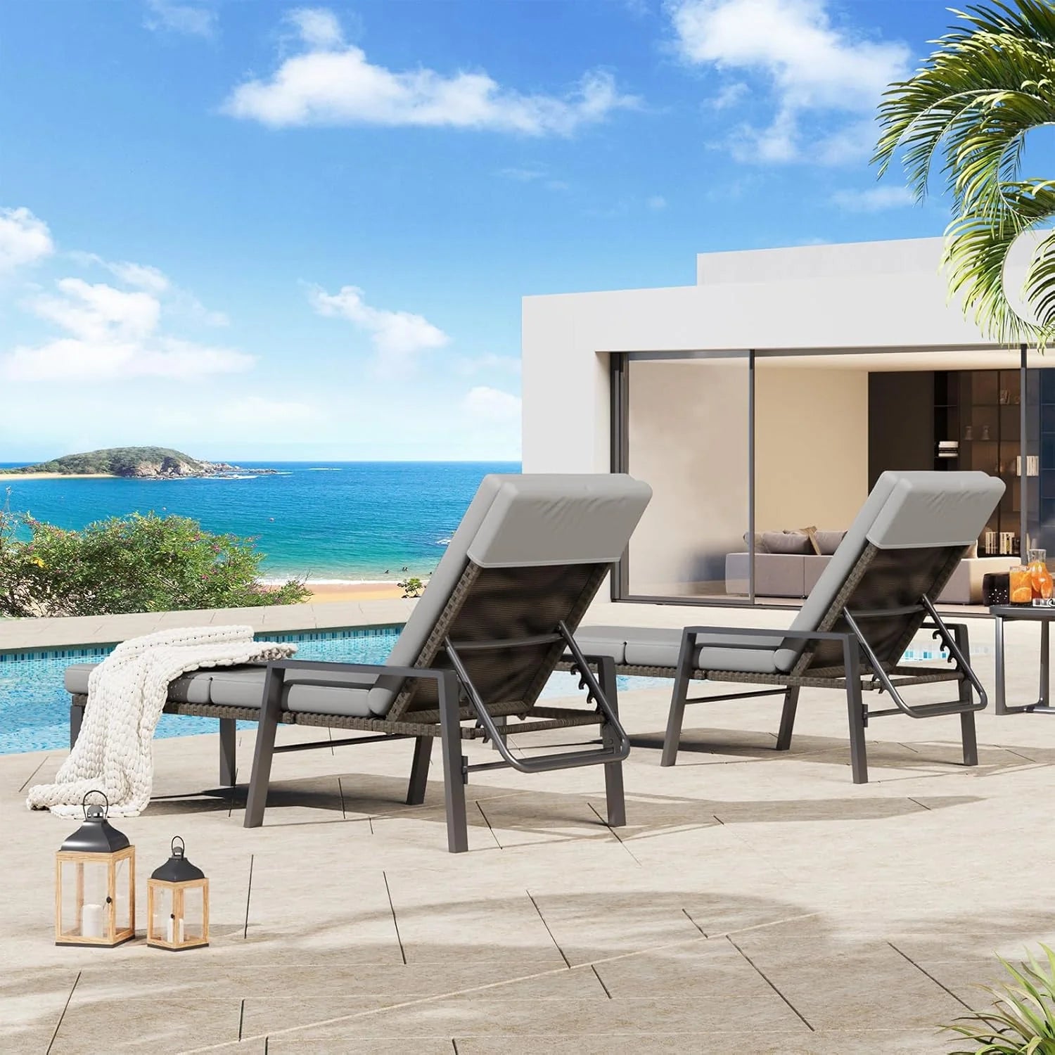 AECOJOY Chaise Lounge Chairs for Outside Set of 2, Adjustable Wicker PE Rattan Patio Pool Recliner Chair with Removable Cushion