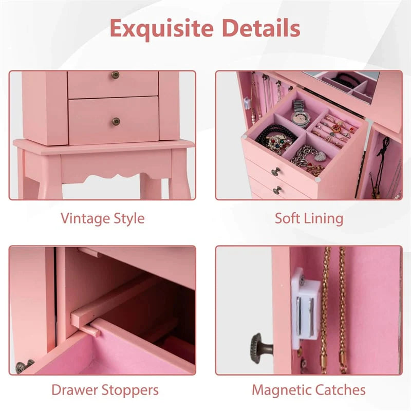 Standing Jewelry Armoire Cabinet with Flip Top Mirror, 4 Drawers, 8 Necklace Hooks & 2 Side Doors, Jewelry Storage Organizer Chest for Bedroom