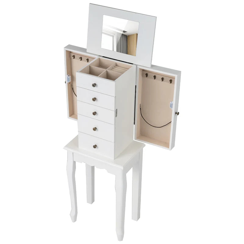 Standing Jewelry Armoire Cabinet with Flip Top Mirror, 4 Drawers, 8 Necklace Hooks & 2 Side Doors, Jewelry Storage Organizer Chest for Bedroom