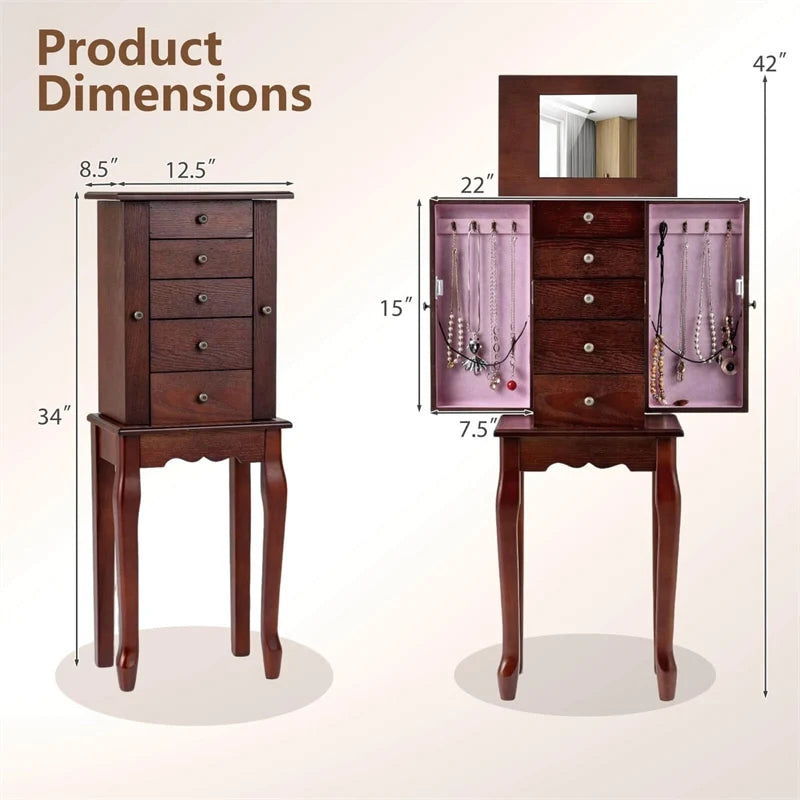 Standing Jewelry Armoire Cabinet with Flip Top Mirror, 4 Drawers, 8 Necklace Hooks & 2 Side Doors, Jewelry Storage Organizer Chest for Bedroom