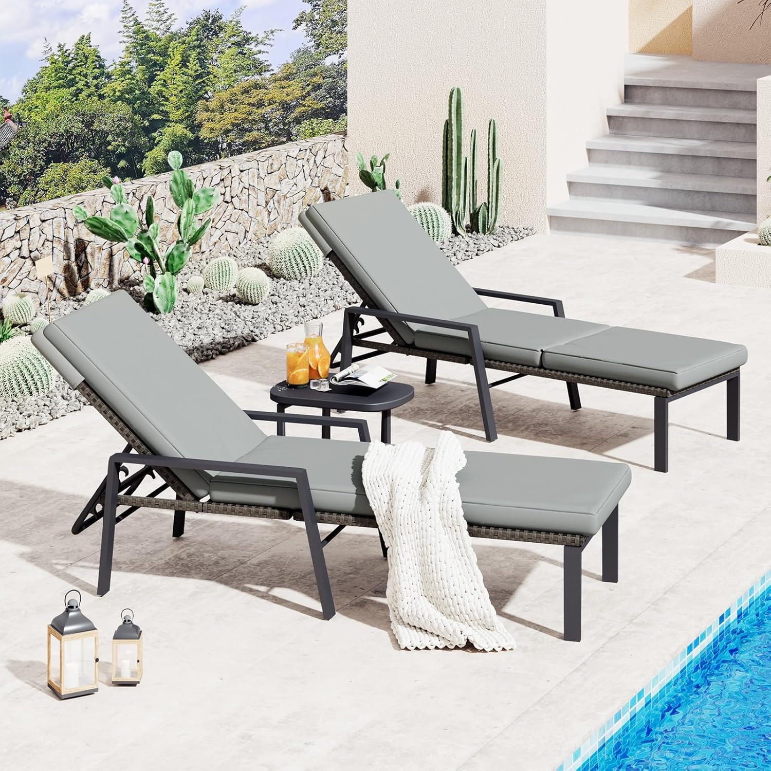 AECOJOY Chaise Lounge Chairs for Outside Set of 2, Adjustable Wicker PE Rattan Patio Pool Recliner Chair with Removable Cushion