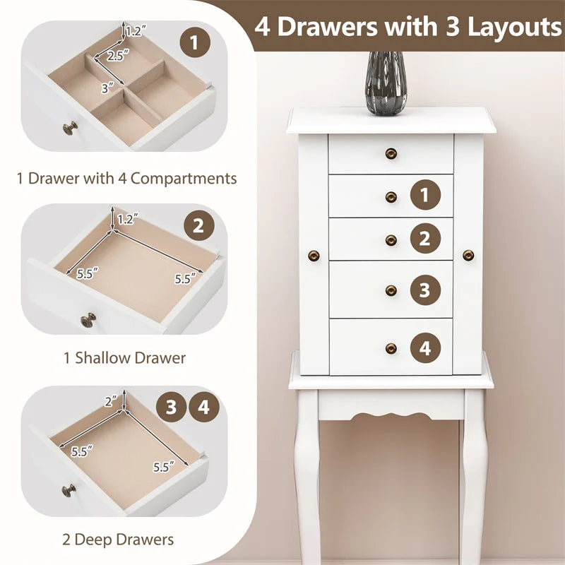 Standing Jewelry Armoire Cabinet with Flip Top Mirror, 4 Drawers, 8 Necklace Hooks & 2 Side Doors, Jewelry Storage Organizer Chest for Bedroom
