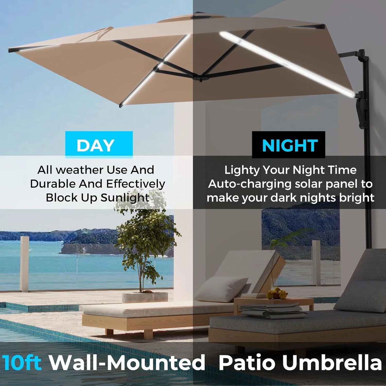 AECOJOY 10FT Large Patio Umbrella with Solar Lights, Rectangle Wall Mounted Outdoor Patio Umbrella, Beige