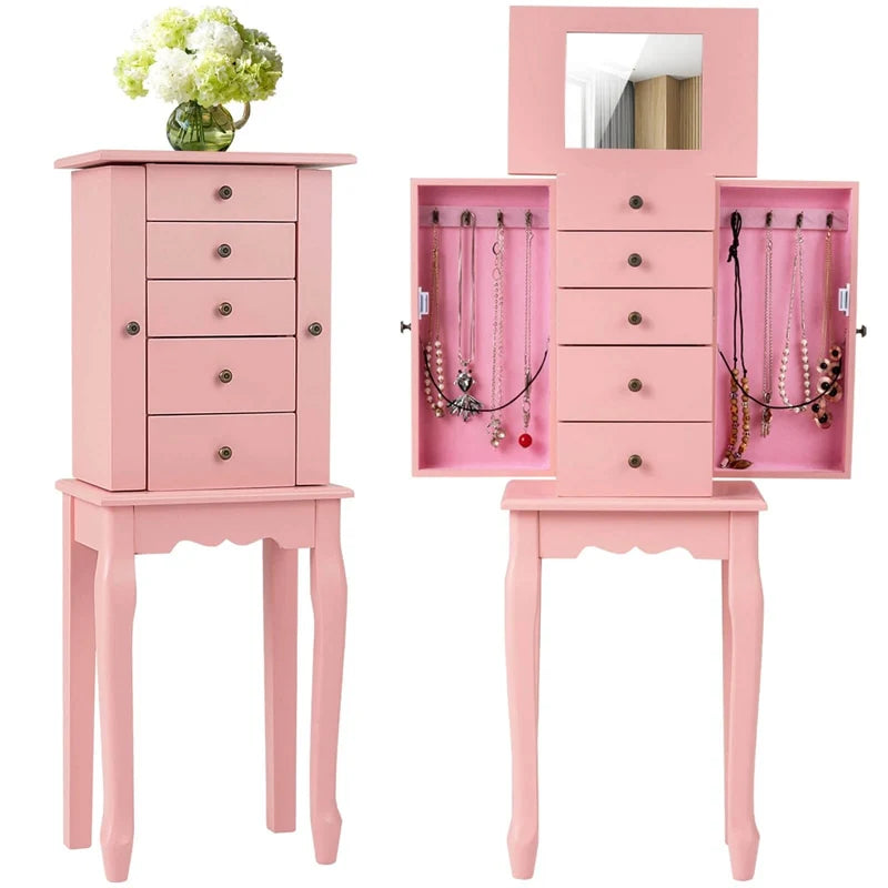 Standing Jewelry Armoire Cabinet with Flip Top Mirror, 4 Drawers, 8 Necklace Hooks & 2 Side Doors, Jewelry Storage Organizer Chest for Bedroom