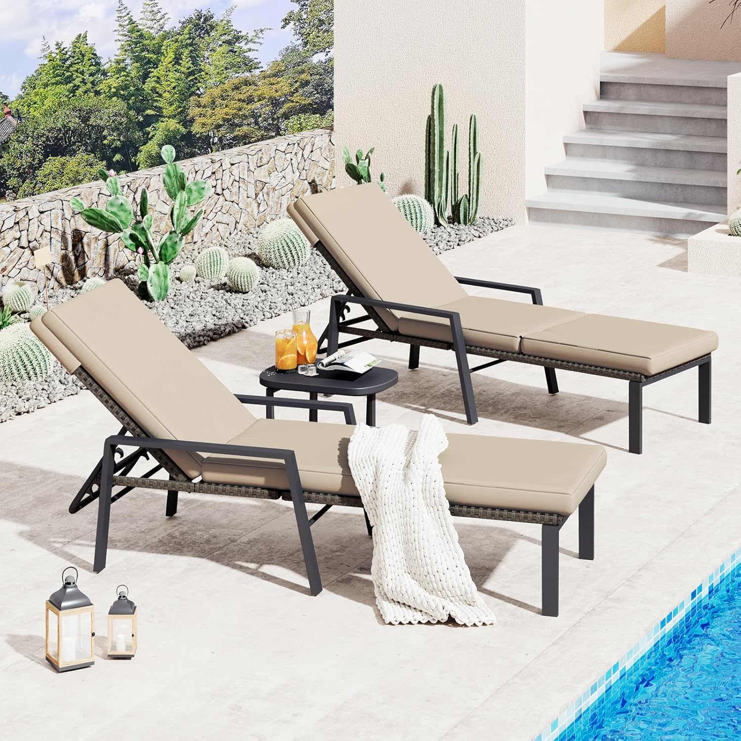 AECOJOY Chaise Lounge Chairs for Outside Set of 2, Adjustable Wicker PE Rattan Patio Pool Recliner Chair with Removable Cushion