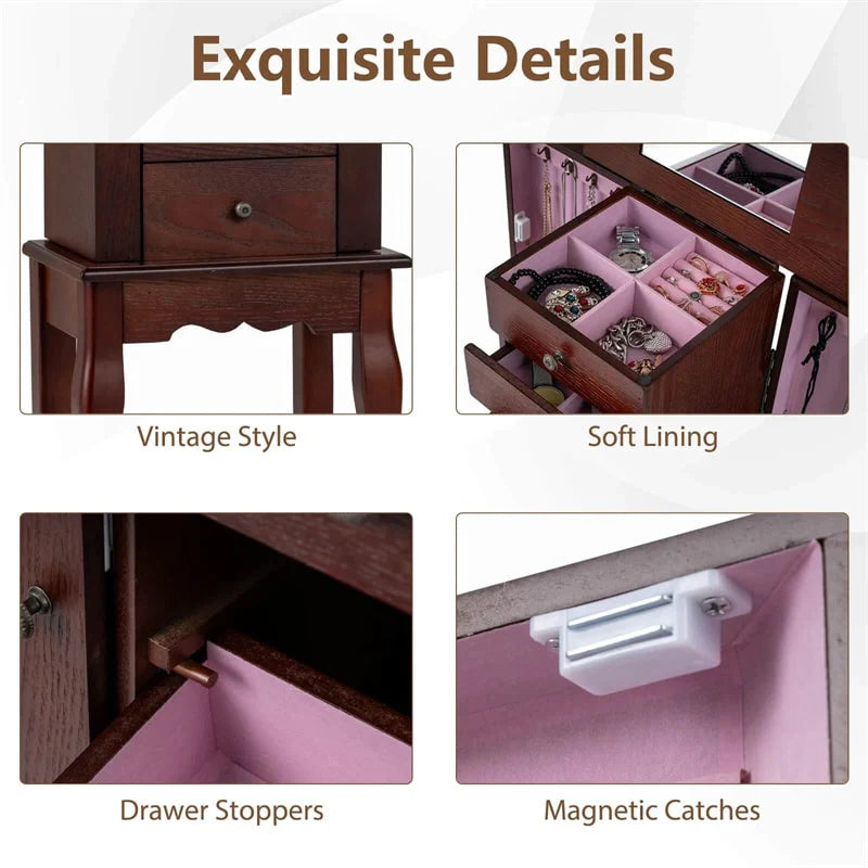 Standing Jewelry Armoire Cabinet with Flip Top Mirror, 4 Drawers, 8 Necklace Hooks & 2 Side Doors, Jewelry Storage Organizer Chest for Bedroom